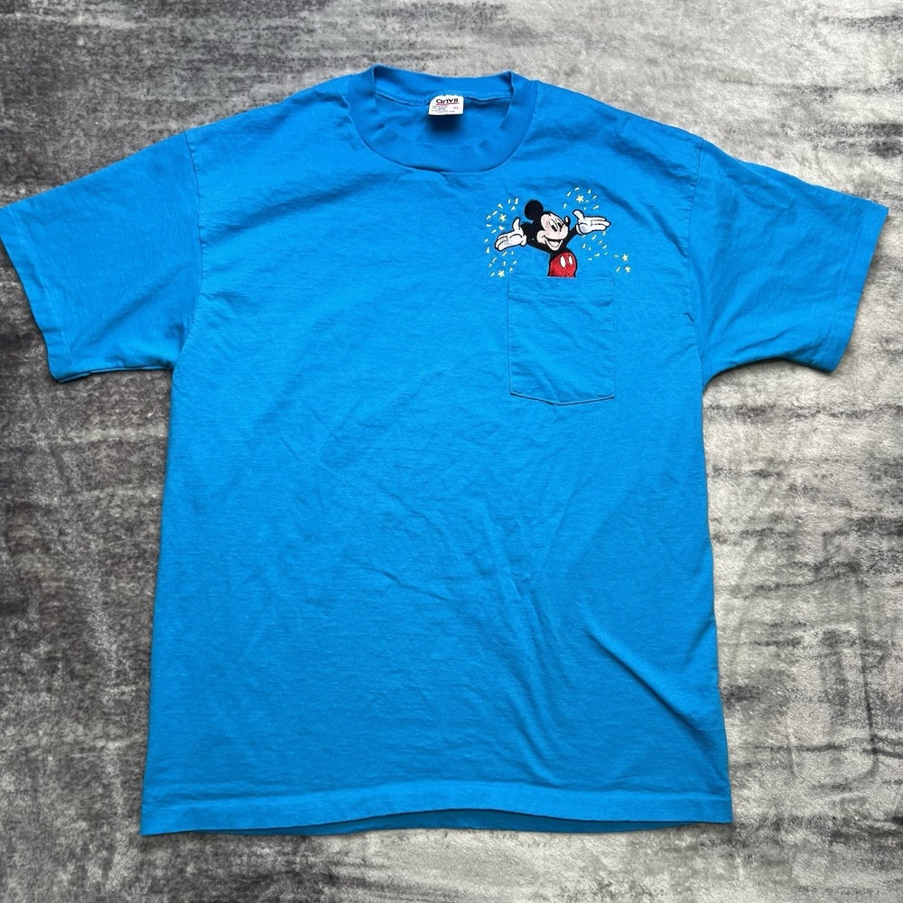 Vintage 90s Disney Mickey Mouse Embroidered Pocket T-Shirt Anvil Blue Size XL